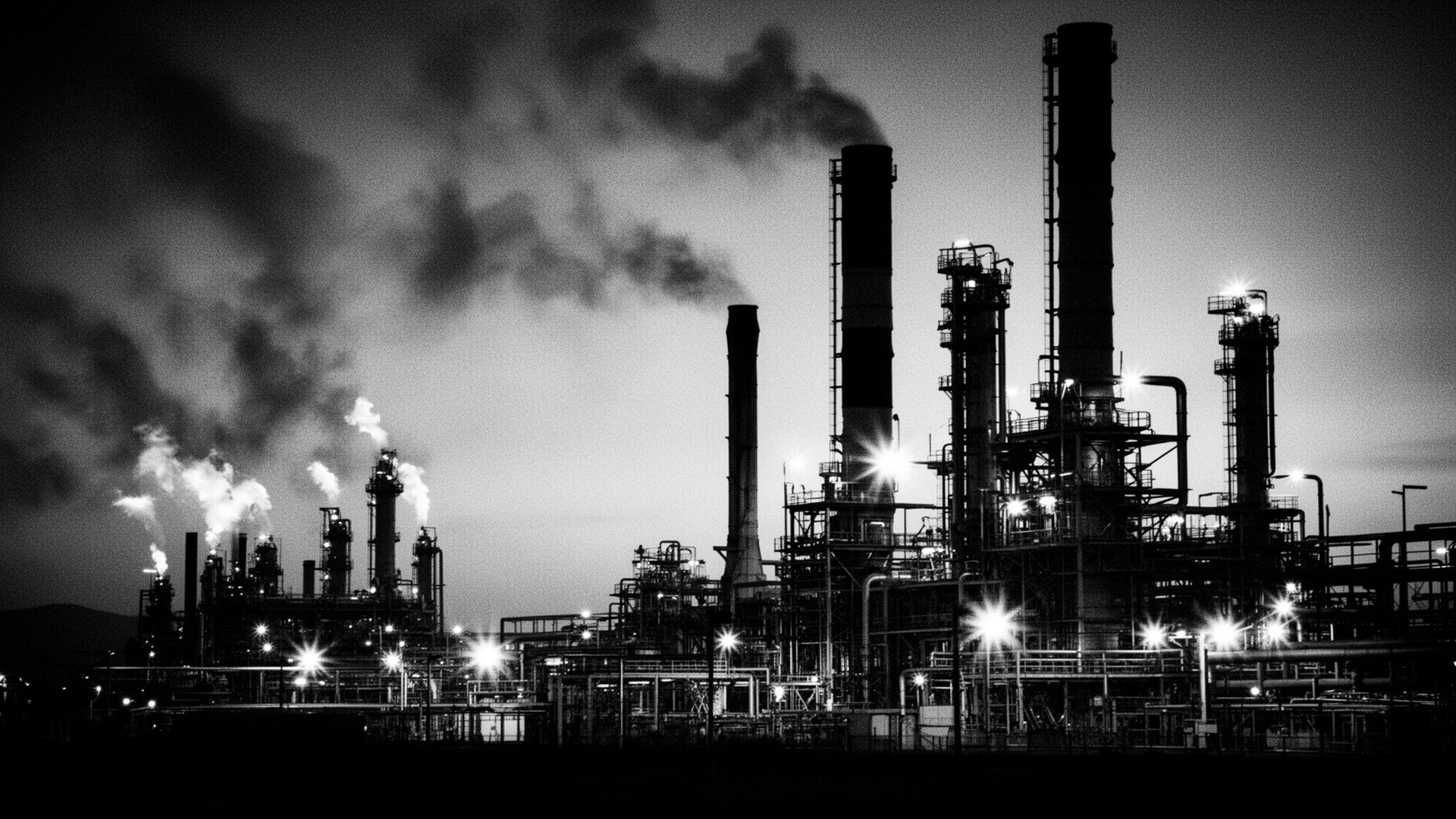 California oil refinery at dusk, smokestacks against a smoke-filled sky